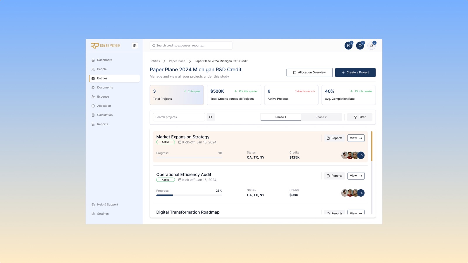Solution — engagement dashboard, entities view